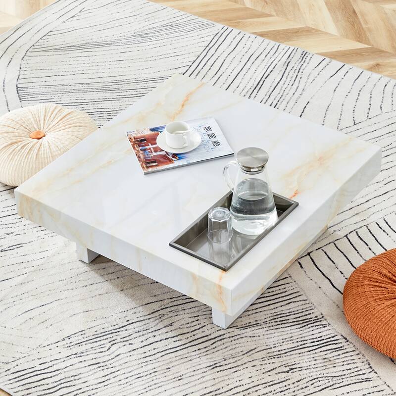 A modern and practical coffee table made of MDF material with black patterns. The fusion of elegance and natural fashion