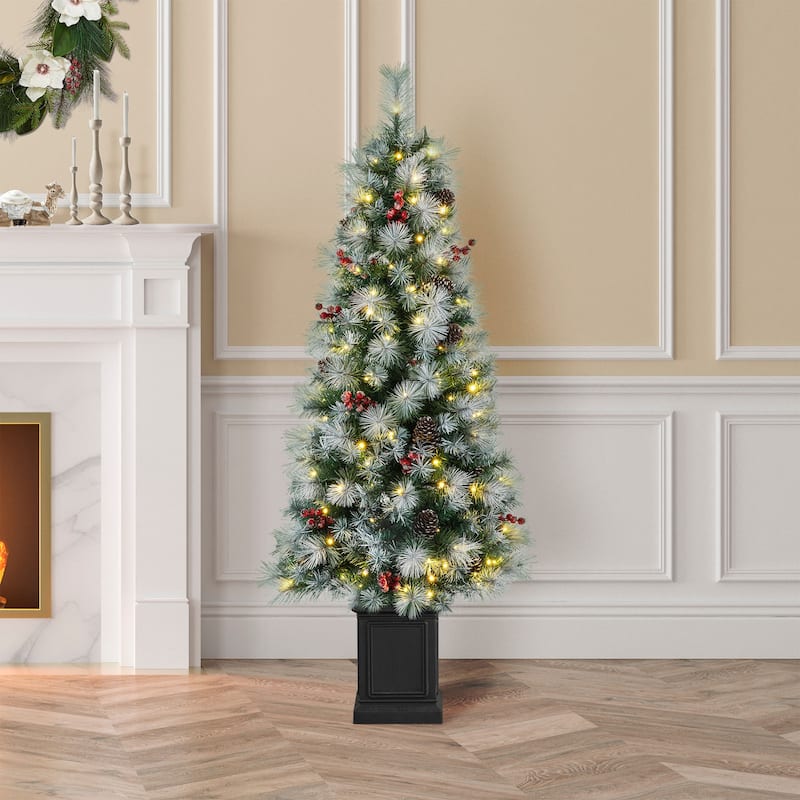 Glitzhome 4ft/5ft/6ft Pre-Lit Pine Artificial Christmas Porch Tree with Warm White Lights - 5ft