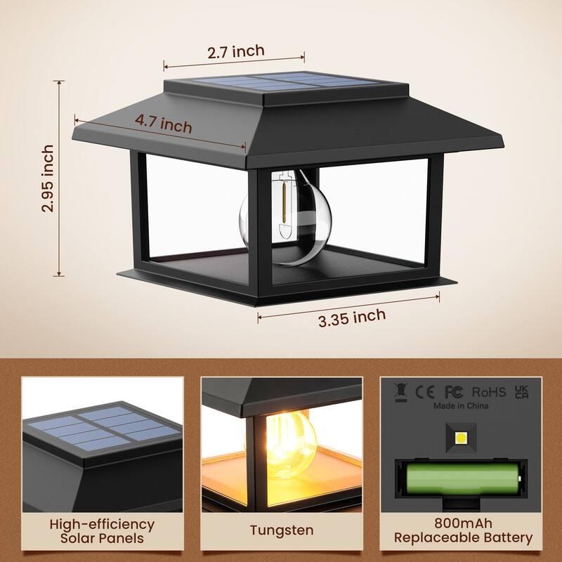 Solar 4x4 Post Cap Light with Warm White Tungsten Bulb, Waterproof Deck Fence Light, Black