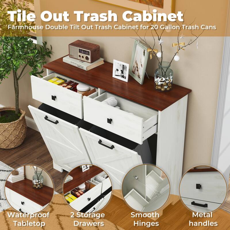 Tilt Out Trash Cabinet, Freestanding Wooden Trash Recycling Cabinet, Hidden Dual Laundry Cabinets with 2 Drawers & 2 Baskets