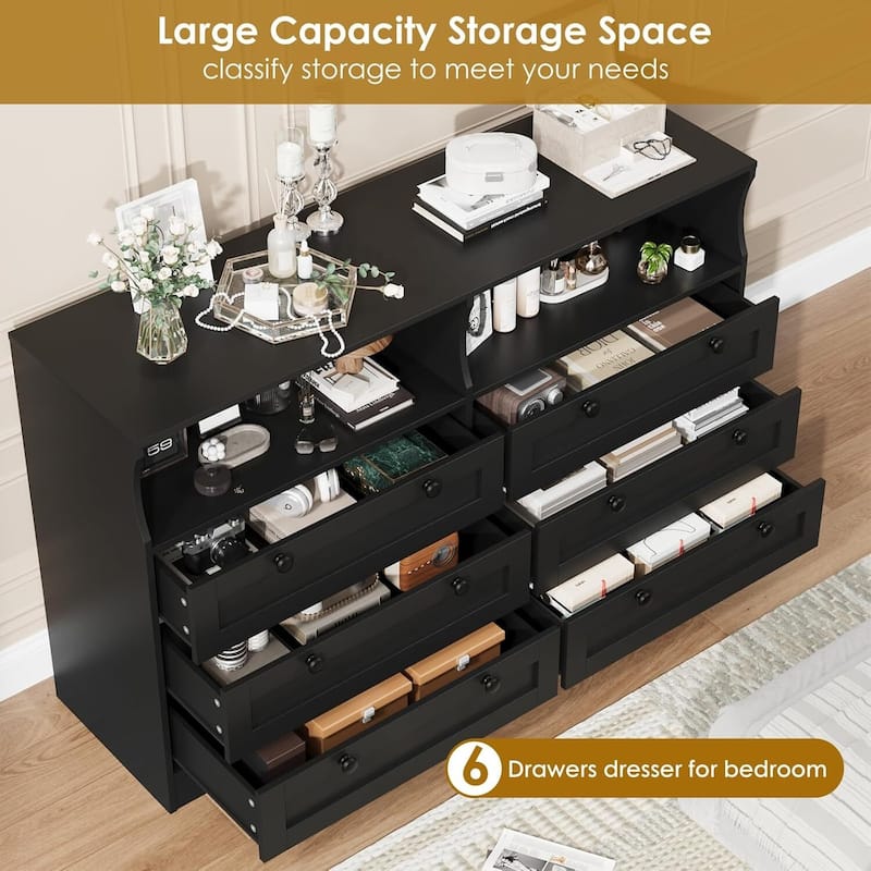 Modern 6 Drawer Dresser for Bedroom with Power Outlet and LED Light