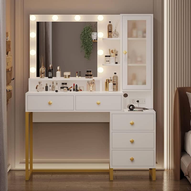 Vanity Desk with Mirror and Lights 5 Drawers and Storage Shelves