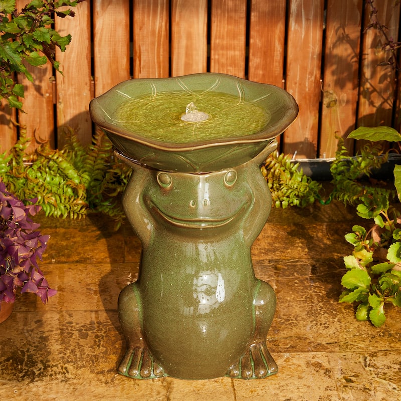 Glitzhome 21"H LED Frog & Lotus Birdbath Ceramic Outdoor Floor Water Fountain