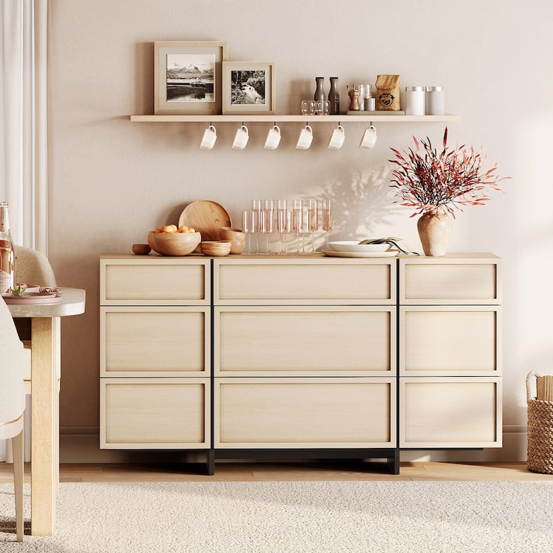 WAMPAT Modern Sideboard Buffet Cabinet with 9 Drawers, Multifunctional Sideboard with Large Storage and T-Shaped Legs - 1 Piece - Light Oak