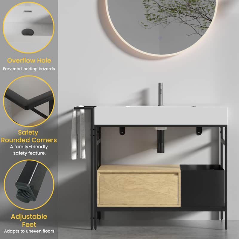 36" Industrial Style Modular Bathroom Vanity. This vanity features a robust metal frame accented with warm wood elements