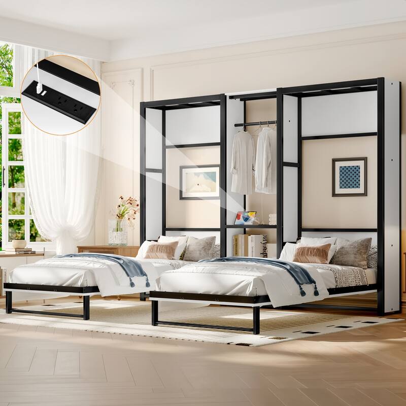 Twin Murphy Bed with Wardrobe - Metal Foldable Wall Bed, Shelves & Power Outlets, Space-Saving 2-in-1 Design