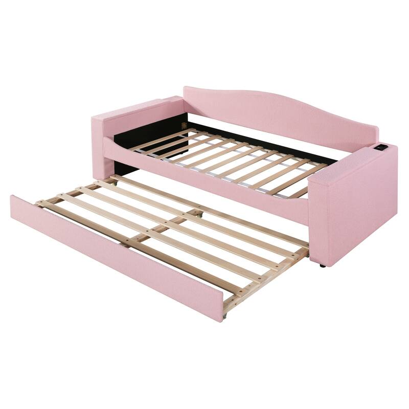 Teddy Fleece Daybed Leisure Upholstered Daybed Frame with Storage Armrest and Integrated Bluetooth Audio System and Trundle