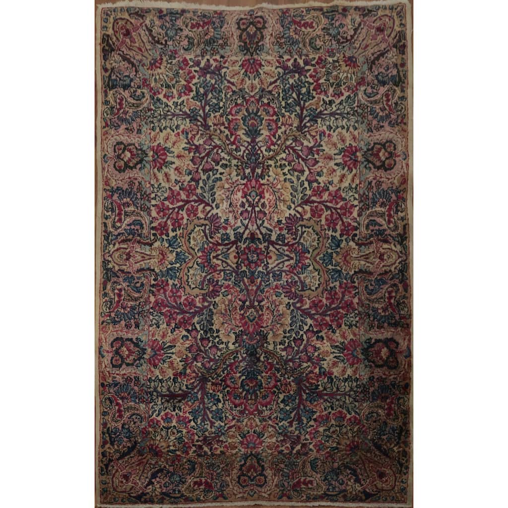 Hand Knotted Oriental 100% Wool Carpet Traditional All-Over Beige & Ivories Kerman Area Rug - 4' 9'' X 3' 0''