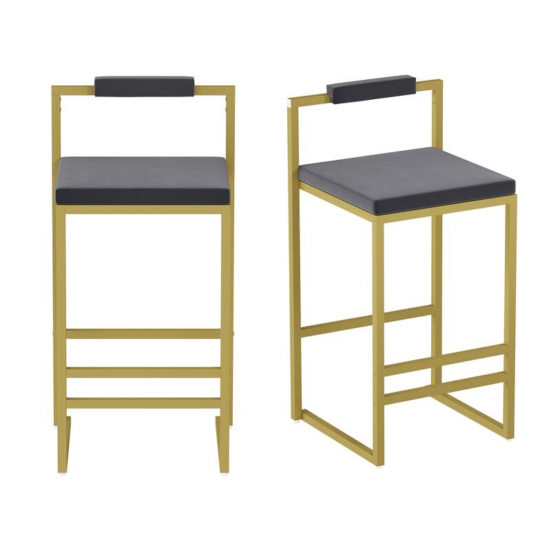 Set of 2 Bar Stools with Backrest & Footrest Counter Height Velvet Upholstered Dining Chairs for Kitchen Island (Gold & Gray)