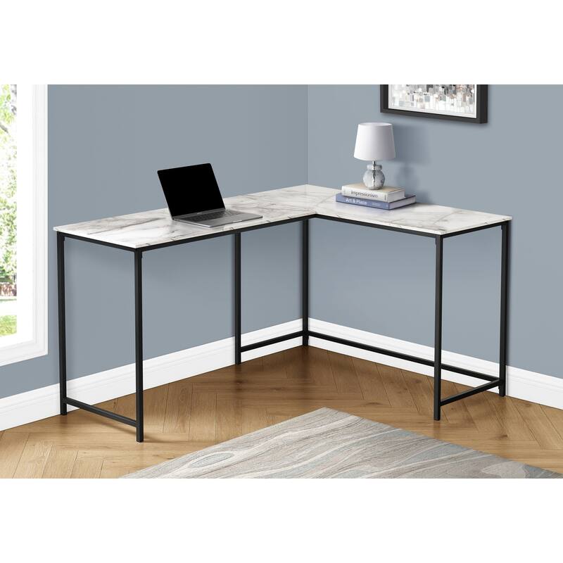 Computer Desk, Home Office, Corner, 58"l, L Shape, Work, Laptop, White Marble Look Laminate, Black Metal, Contemporary