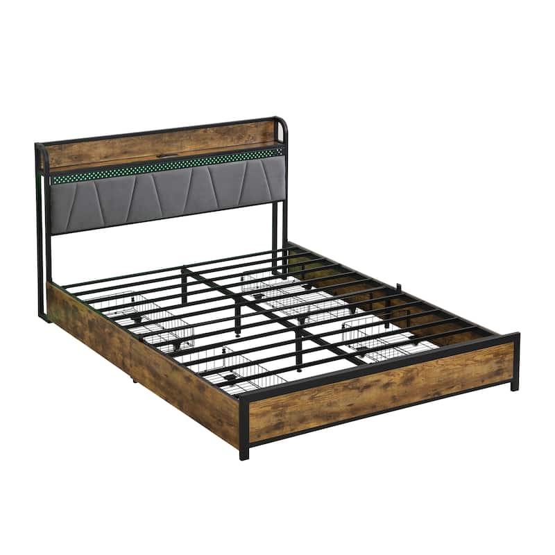 Bed Frame, Storage Headboard with Charging Station and 4 Storage Drawers,LED Lights
