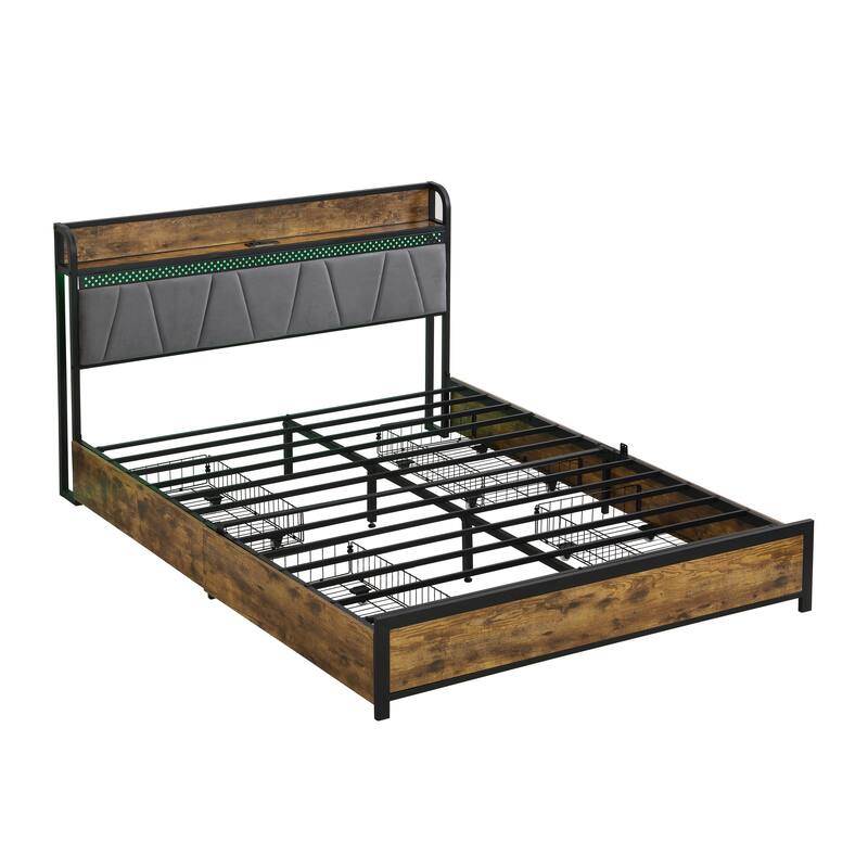 Full Size Metal Storage Bed Frame w/ Storage Headboard & Charging Station and 4 Storage Drawers, LED Lights, Brown
