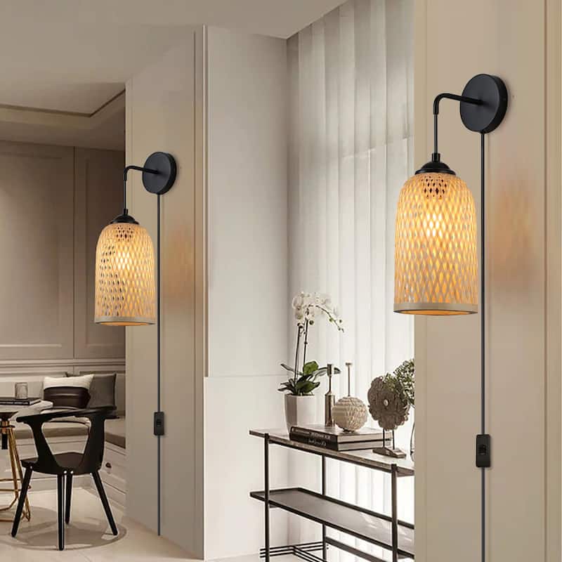 Modern Wicker Plug in Bamboo Wall Light Fixture with Switch - Basket Rattan Lampshade Chandelier Wall Lamp forLiving Room
