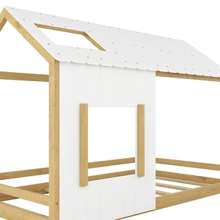 Whimsical Pine Twin House Bed with Roof & Window - Perfect for Play & Sleep
