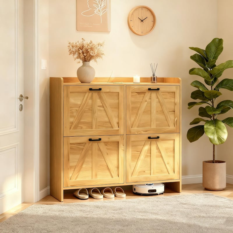 Modern Fence Shoe Cabinet with 4 Flip Drawers, Sleek Space-Saving Entryway Organizer for Living Room