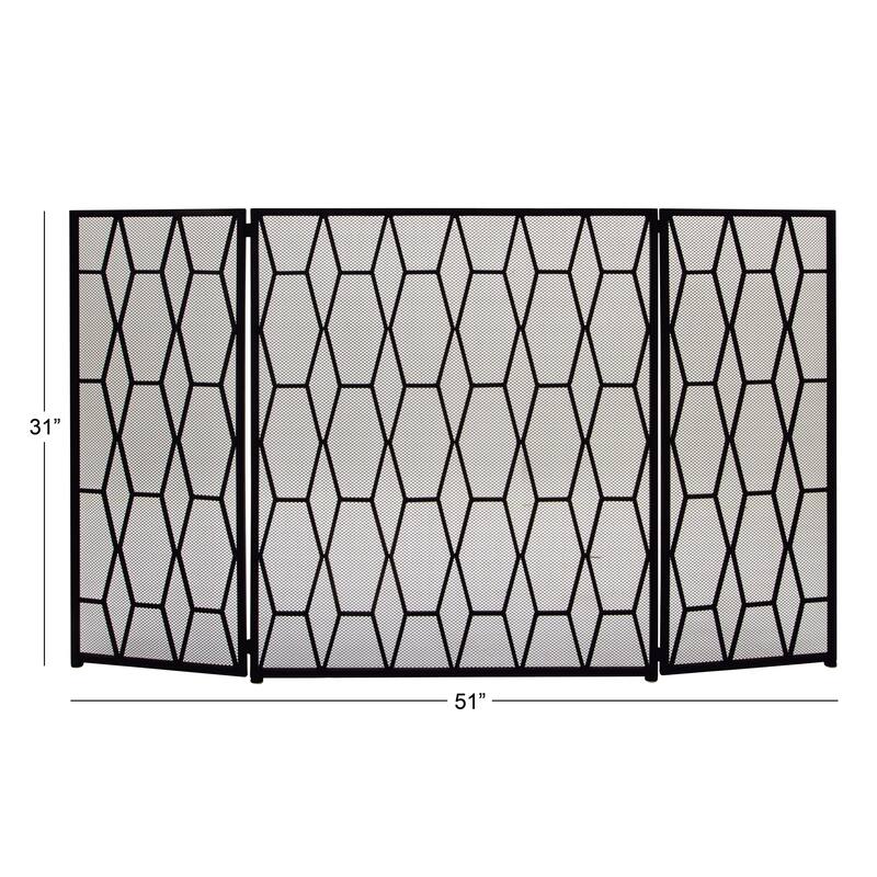 Black Metal Foldable Mesh Netting 3 Panel Geometric Fireplace Screen