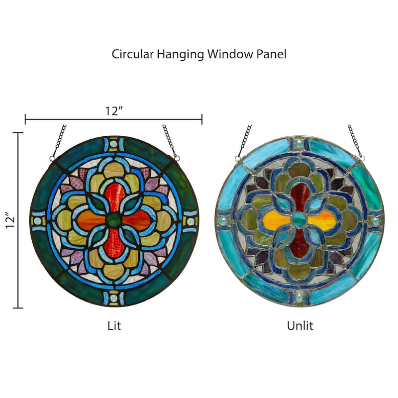 Geometric River of Goods Teal and Yellow Tiffany-Style Stained Glass Round Window Panel - 12" x 0.25" x 12"