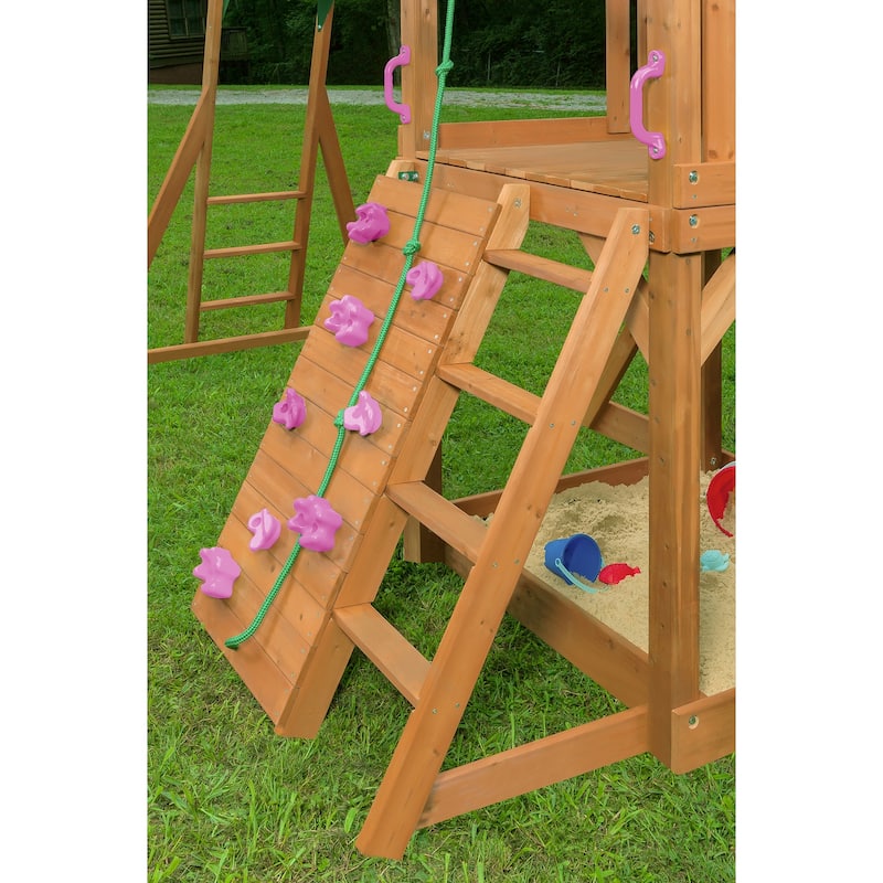 Mountain View Swing Set with Tarp Roof, Climbing Wall, Monkey Bars