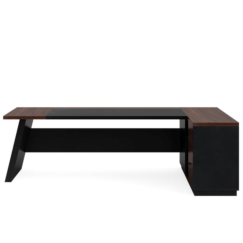 78.7" L-Shaped Executive Desk with File Cabinet Dark Walnut + Black