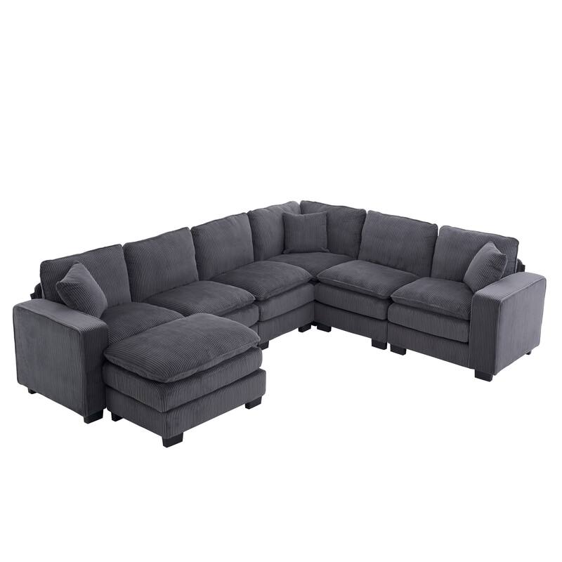 Modular Sectional Sofa for Living Room, U Shaped Sofa Couch with Ottoman and Three Toss Pillows, Corduroy Fabric Sofa Set