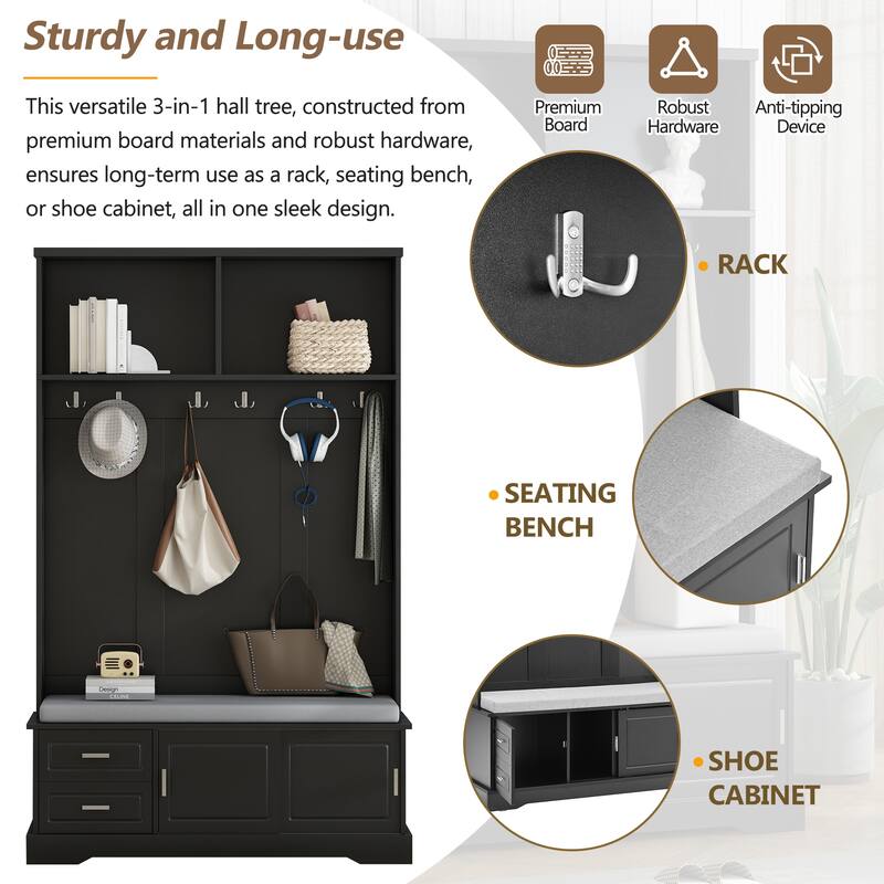 Entryway 3-in-1 Hall Tree with Storage Bench & Sliding Doors, Shoe Cabinet Coat Rack with Cushioned Seat & Anti-Tip
