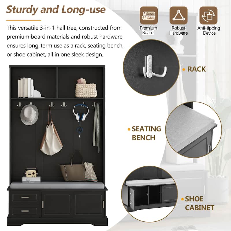Hall Tree with Sliding Doors, Versatile Coat Rack with 6 Hooks & Handles, Mudroom Upholstered Bench Cabinet w/ Shoe Storag