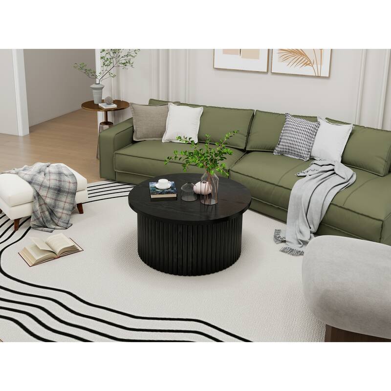 Round Coffee Table with Wood Grain Vertical Stripes, Small Fluted Circle Side Table, Center Table with Adjustable Feet