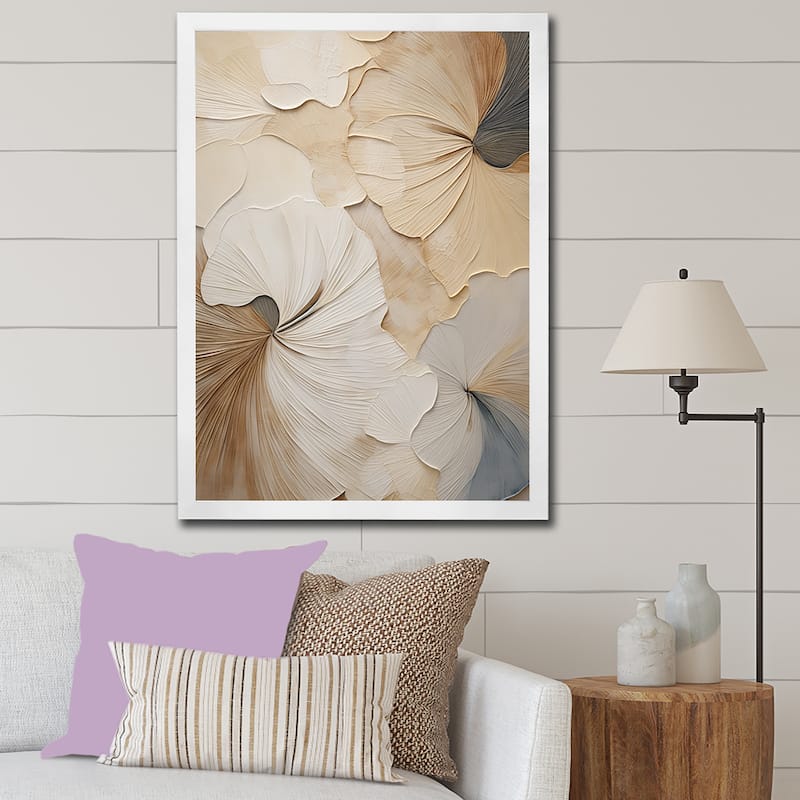 Designart "Beige Minimalism Elegance In Bloom " Flowers Framed Canvas Prints - 16 in. wide x 32 in. high - White