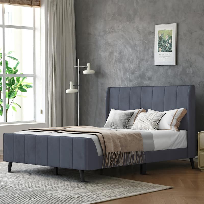 Classic Velvet Upholstered Platform Bed with Centre Support Legs