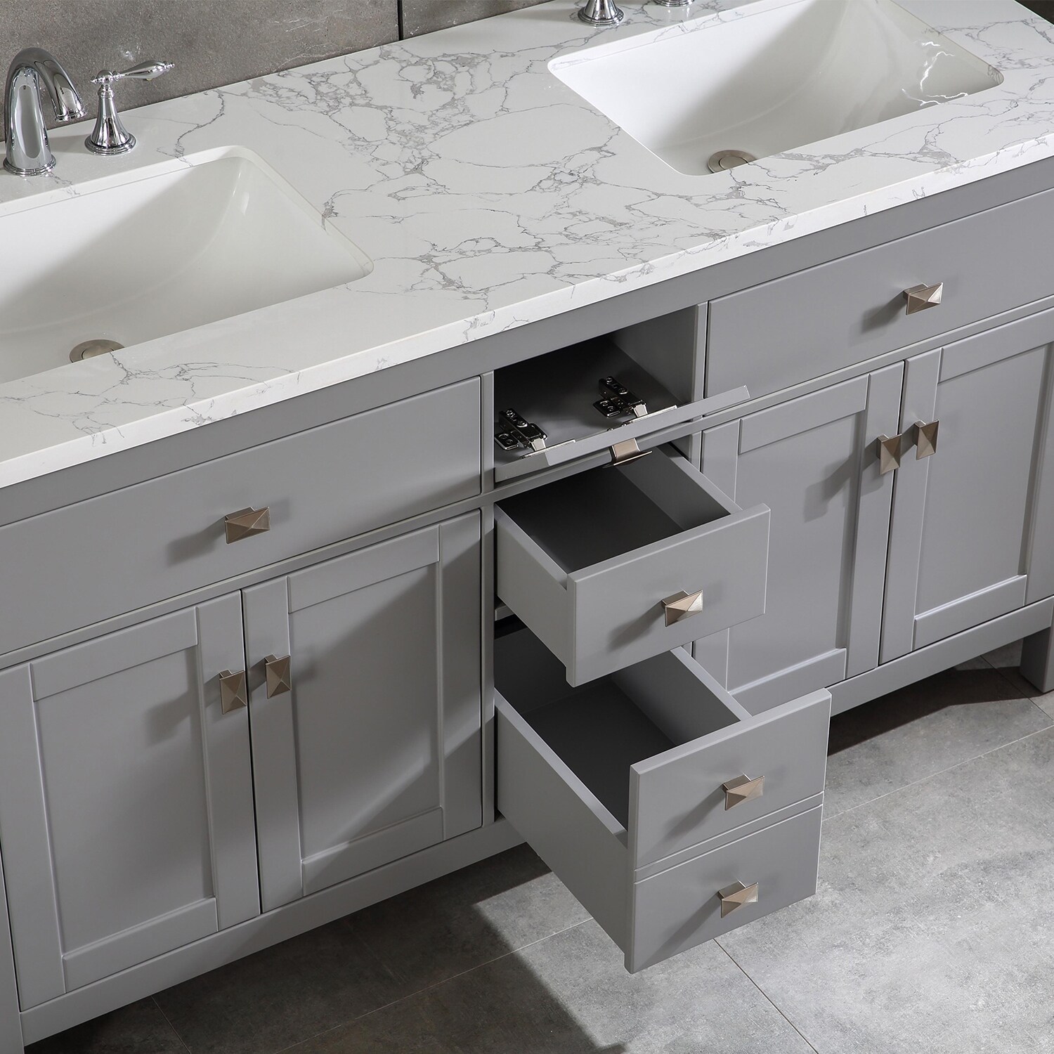 Totti Memphis 60 Gray Transitional Double Sink Bathroom Vanity W White Carrara Style Man Made Stone Top Overstock 32352438