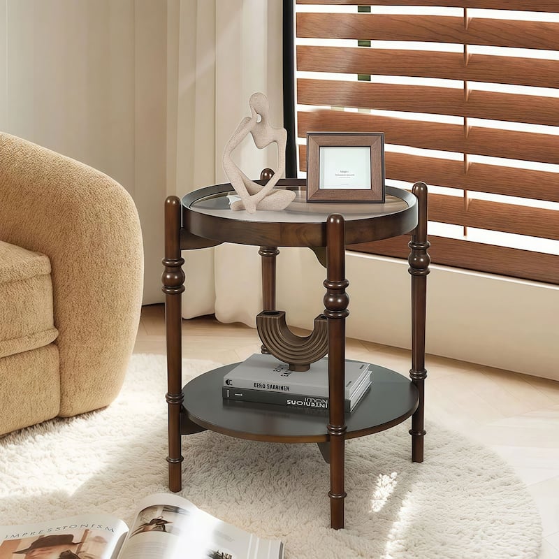 Modern Round Glass End Table – Dual-Level Design with Decorative Wooden Shelf - Dark Brown