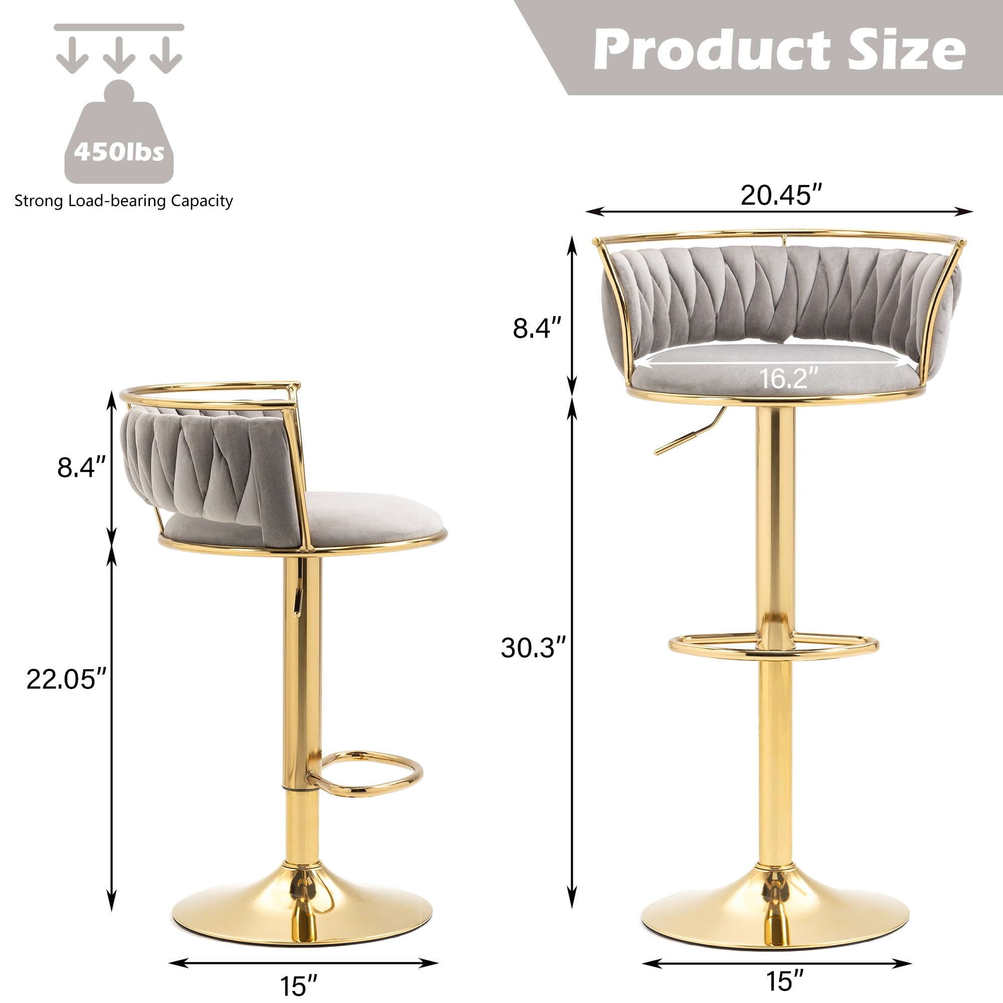 Set of 4 Bar Stools Adjustable Swivel with Gold Frame