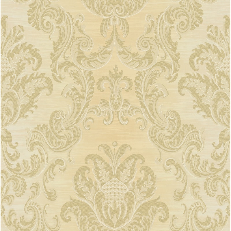 Seabrook Designs Woodcroft Damask Unpasted Wallpaper - 20.5 in. W x 33 ft. L - Metallic Tan & Peach