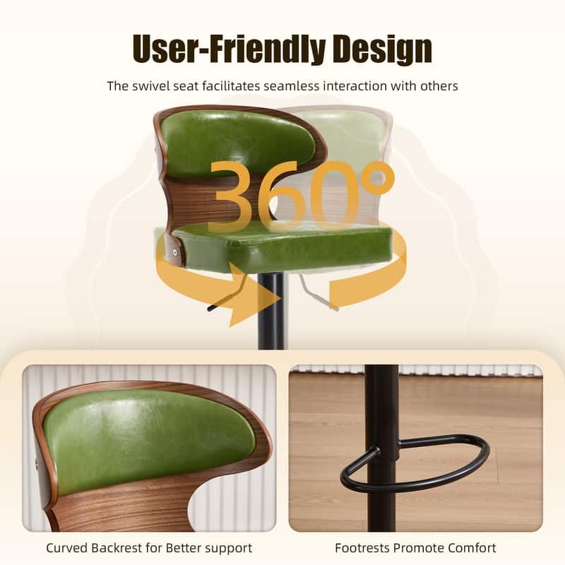 PU Leather Upholstered Curved Backrest 360° Swivel Adjustable Height Bar Stools with Footrest(set of 2)