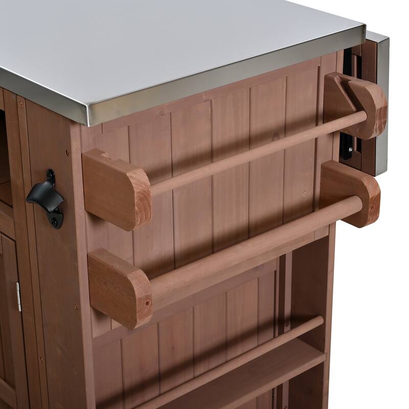 Extendable 41.9" Outdoor Kitchen Island with Stainless Steel Top and Side Spice Rack, Kitchen Cart with Drawers, Storage Cabinet