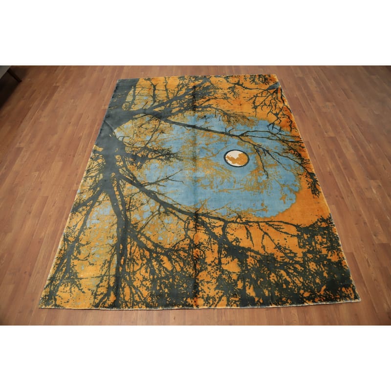 Hand Knotted Oriental Viscose Silk Carpet Modern Pictorial Oranges & Rust Abstract Area Rug - 7' 10'' X 5' 8''