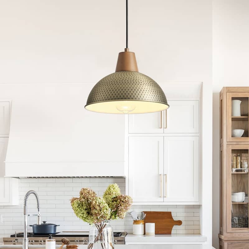 Industrial Farmhouse Pendant Light Fixture with Metal Shade and Faux Wood Grain Design