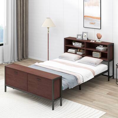 Queen Size Platform Bed with Storage Headboard and Large Cabinets Footboard, Headboard with Open Storage Shelves