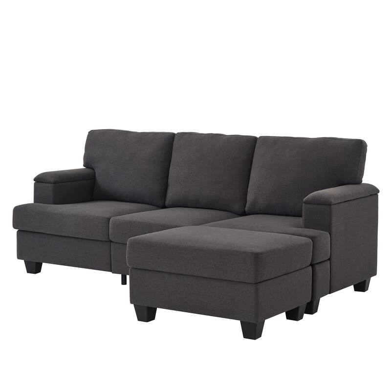 L Shaped 3 Seats Sofa with Armrest Organizer, Linen Sectional Sofa with Movable Ottoman, Comfy Upholstered 3 Seater Couch,
