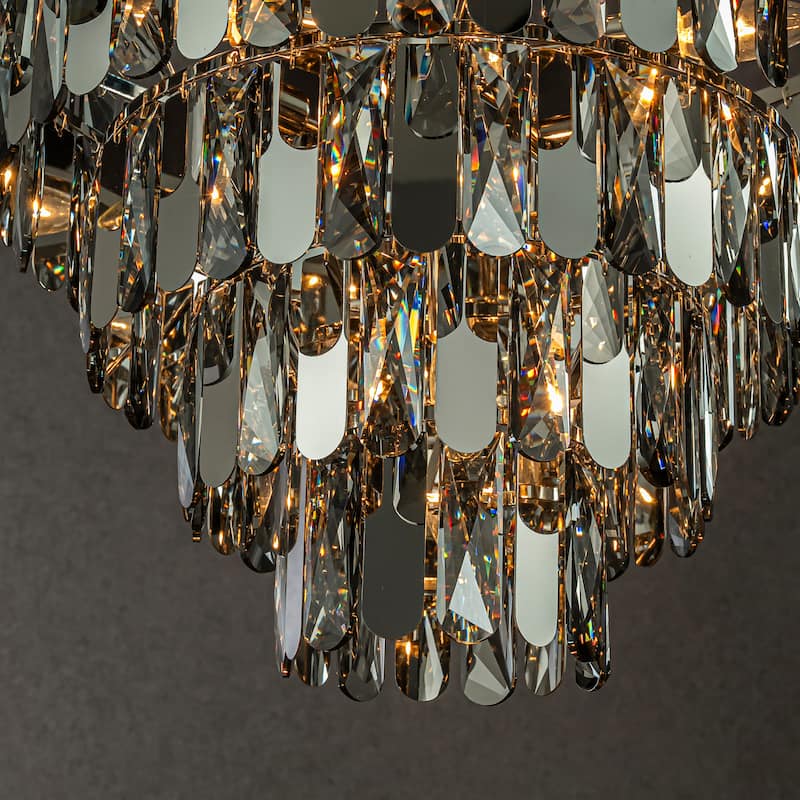 CraftHome Dimmable Modern Smoked Crystal Chandelier Contemporary Round Polished Nickel Pendant Light Fixture