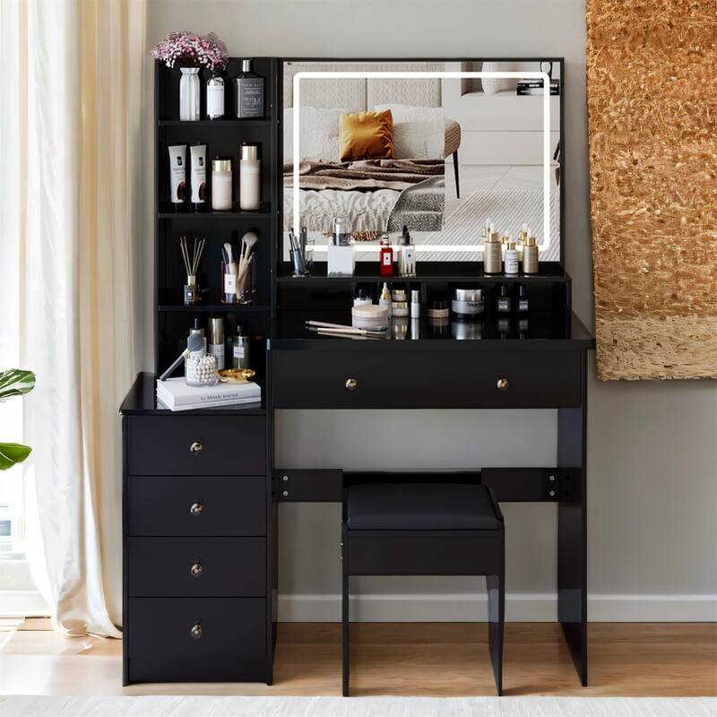 41" Large Vanity Set with 3-Color LED Mirror and Cushioned Stool