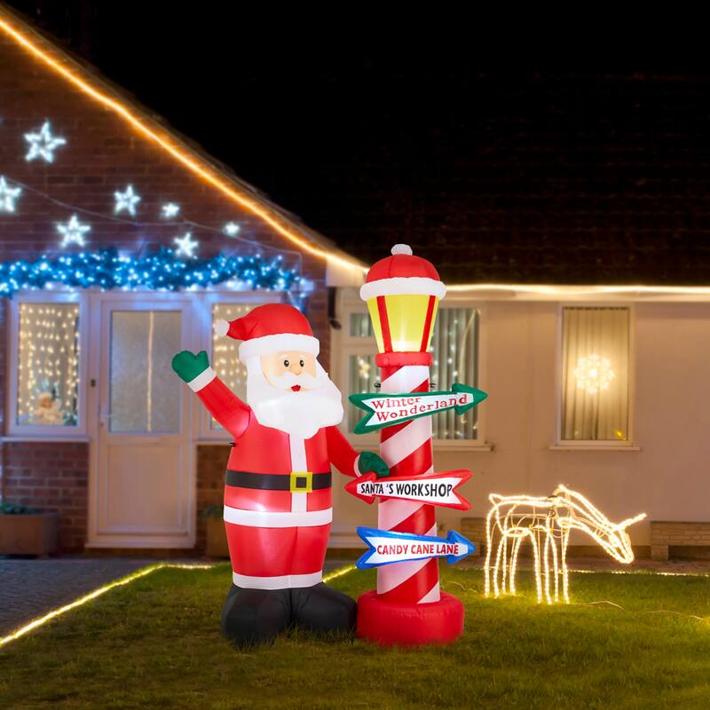 Glitzhome 7FT Lighted Inflatable Santa with Lamp Post Sign Decor - 7FT