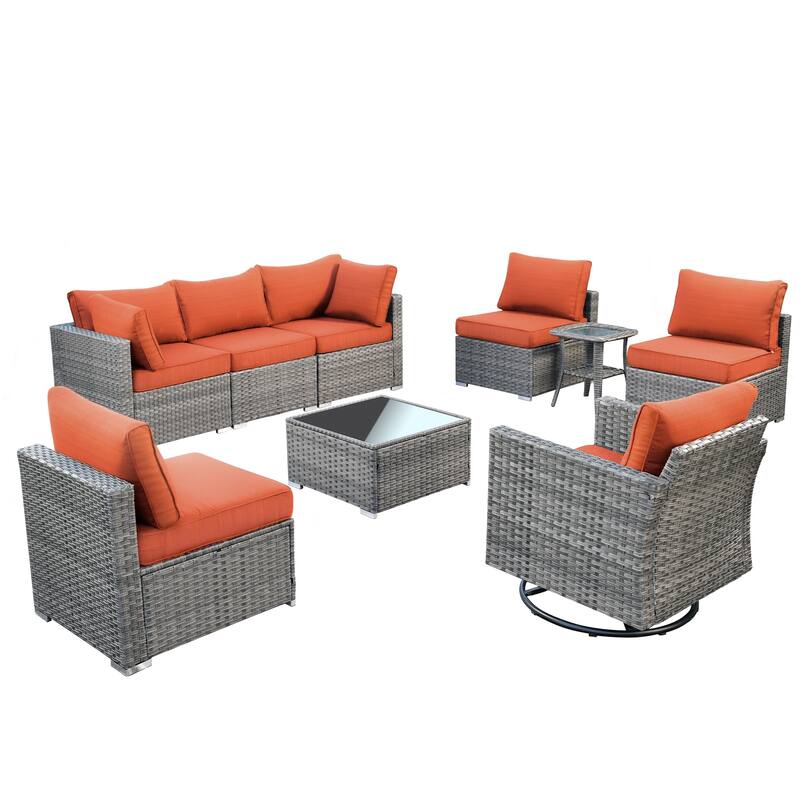 HOOOWOOO 9-piece Grey Wicker Patio Outdoor Sectional Set with Swivel Rocking Chair