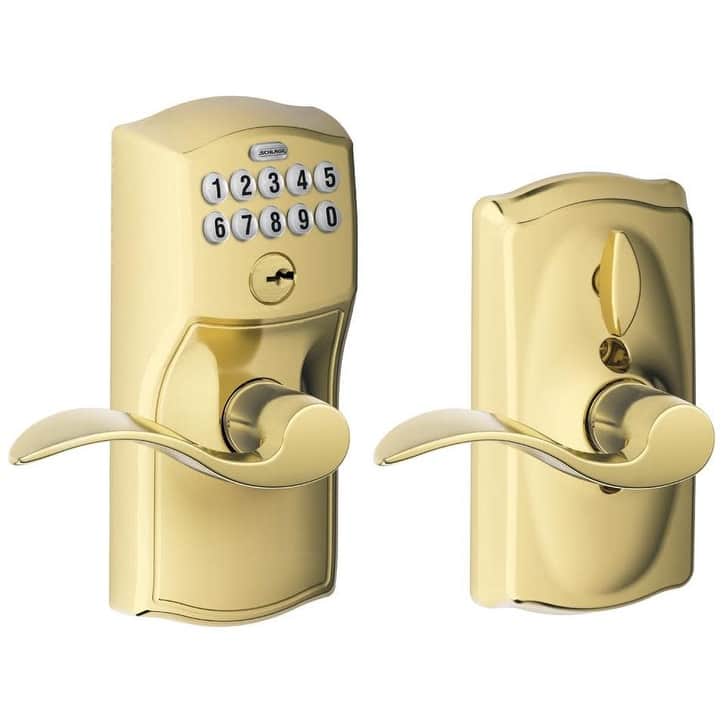 Schlage Camelot Keypad Entry with Flex-Lock Door Lever Set with Accent - Lifetime Polished Brass