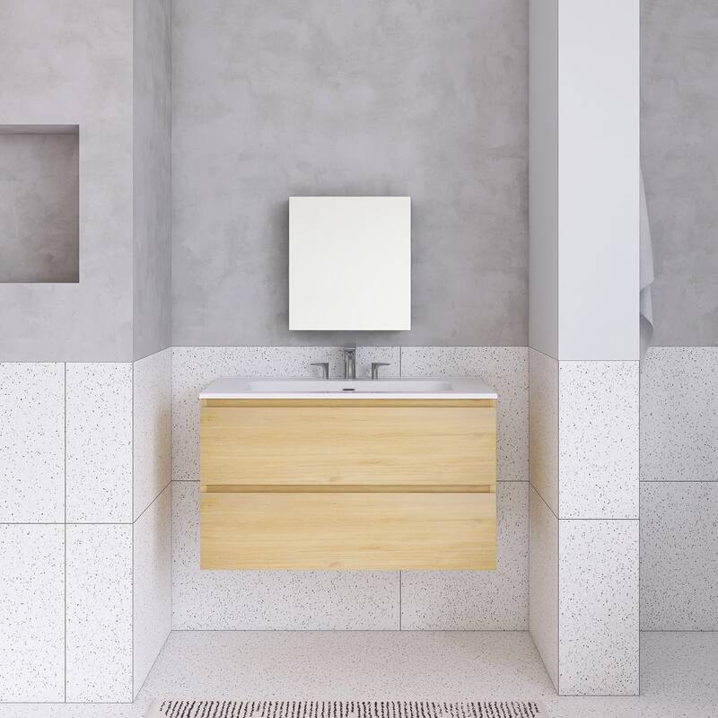 Floating Integrated Bathroom Vanity with Ceramic Sink, Three Faucet Holes