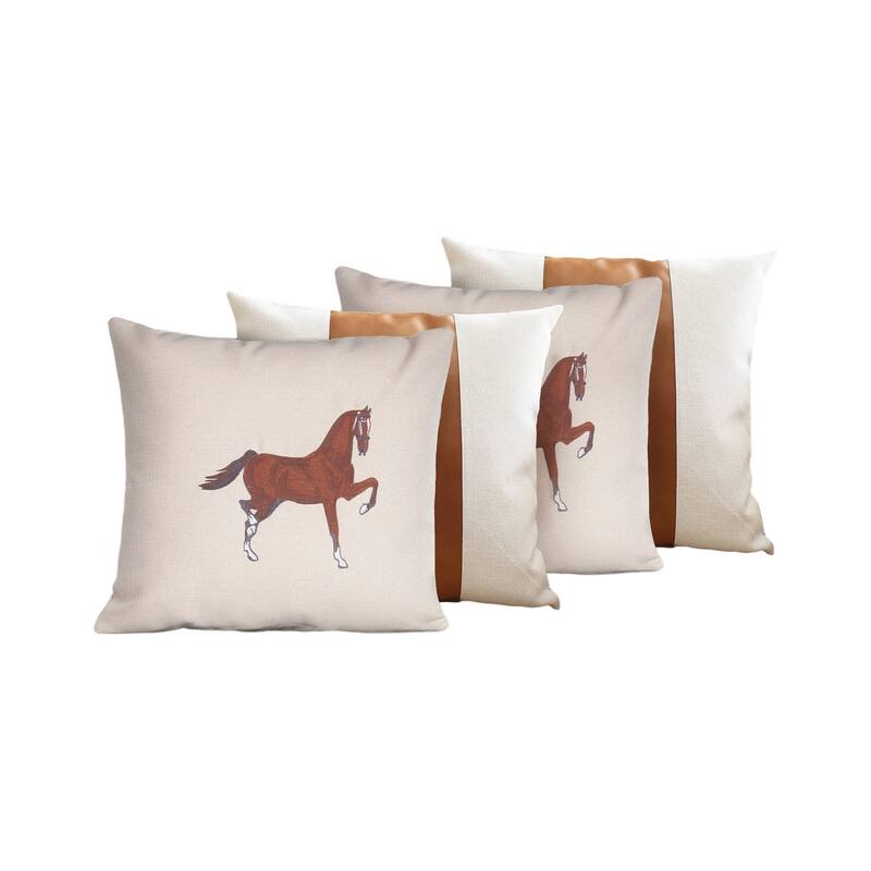 HomeRoots Set Of Four 18" X 18" Beige And Brown Horse Faux Leather Zippered Pillow With Embroidery