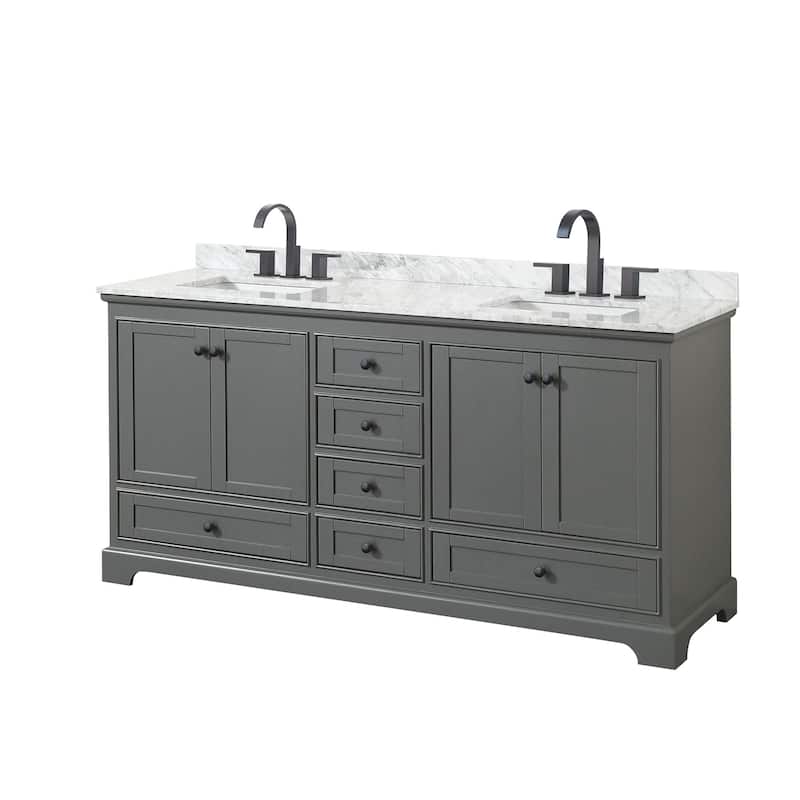 Wyndham Collection Deborah 72" Free Standing Double Vanity Set with - Dark Gray / White Carrara Marble Top / Matte Black