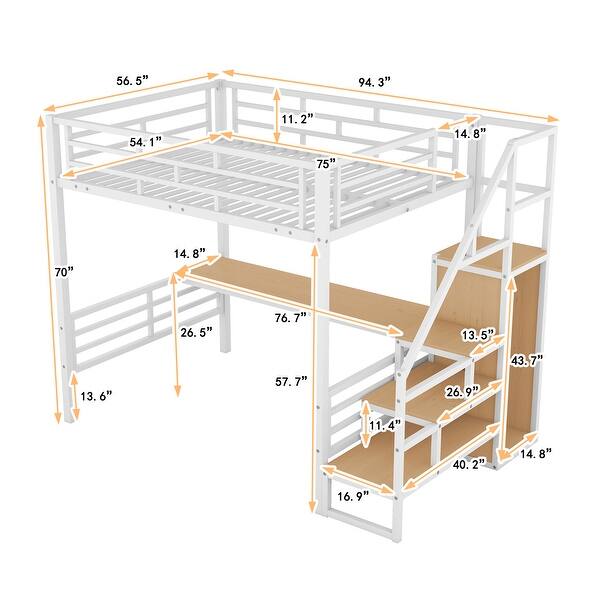 dimension image slide 1 of 2, Full Size Metal Loft Bed with Desk, Storage Staircase and Small Wardrobe, Storage stairs can be installed left and right, White