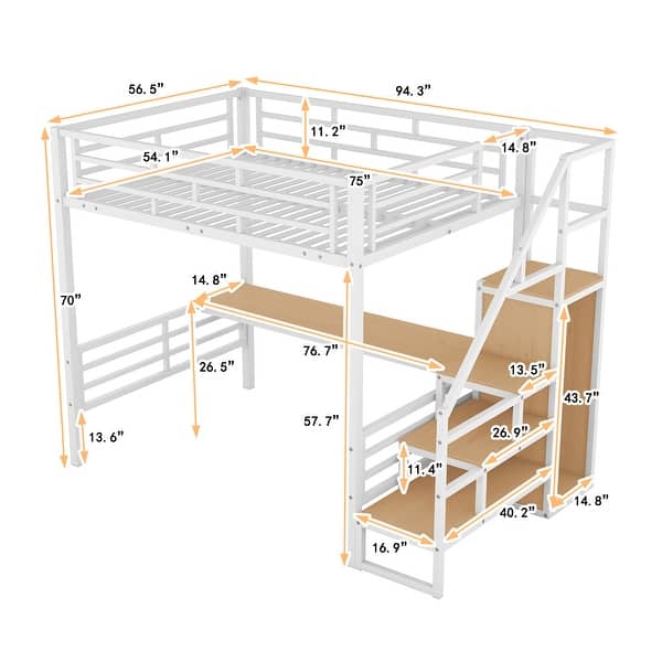 Full Size Metal Loft Bed with Desk, Storage Staircase and Small Wardrobe, White
