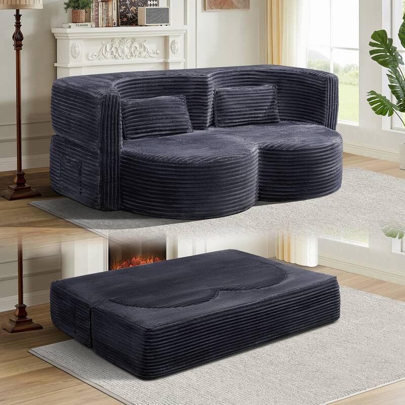 Folding Sofa Bed Convertable Fabric Couch, Floor Sleeper 2-in-1 Out Futon Lounge Upholstered Couch with Side Pockets